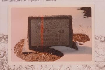 Headstone at grave of Ellsworth Kolb.  Ellsworth L. Kolb/January 4, 1876/January 9, 1960/Photographer/Explorer/Author