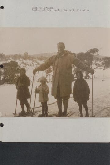 Lewis R. Freeman.  Acting but not looking the part of a skier [stamped on photo reverse:  The Labor Daily Ltd.]