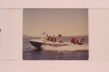 Buzz Belknap piloting the "Cactus" on Lake Mead.  Buzz at the wheel, Jeffrey Marston, Jim Jordan, Elsie I'Anson and Ed I'Anson