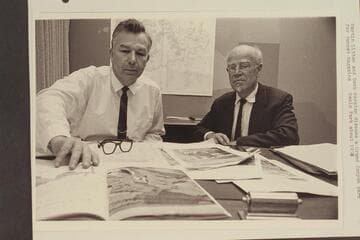 Martin Little and Dock Marston discuss a Grand Canyon yarn for Sunset Magazine.  Menlo Park