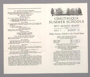 Chautauqua Summer Schools, Fifty-Seventh Season, 1930, July 7-August 15