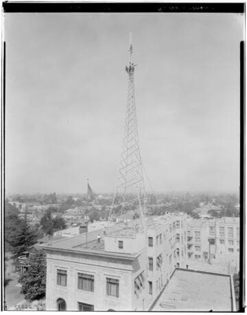 Pasadena Star News radio tower under construction, 525 East Colorado, Pasadena. 1925