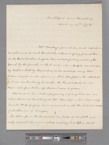 Montagu, Elizabeth (Robinson). Letter to Philip Yorke, 2nd Earl of Hardwicke