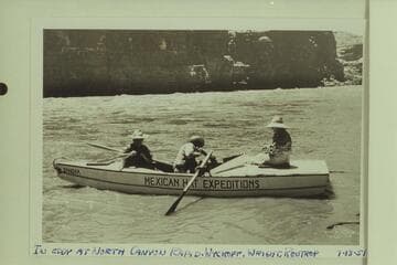 Jean Wykoff; Frank Wright; Esther Rentrop. In eddy at North Canyon Rapid