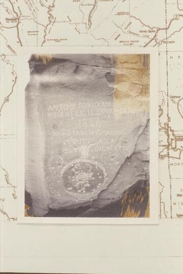 Robidoux inscription on the Book Cliffs where Westwater Creek breaks through them. Joe reports that the three of his party examined the inscription and found the third letter in the last word to be a Y and not an N with a portion lost by spalling of roc
