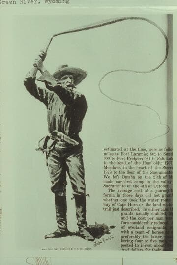 A bull-whacker by Remington. The type seen with the wagon trains using the trails crossing the Green River above and below Green River, Wyoming
