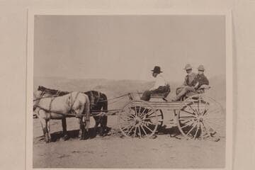 Below the Wheeler Ranch near the Green River. Arthur P. Ballard in black hat, Brandes and McReynolds in back seat