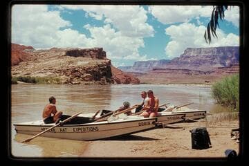 Staveley's outfit at Lees Ferry; left to right: Eiseman, Jones, Staveley, unknown boatman for Georgie