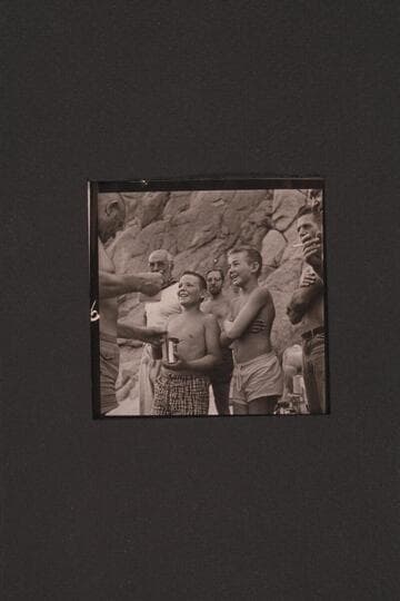 Buzzy Belknap and Spence Cavalliere register the terrors which they experienced during their traverse of the lower part of the Grand Canyon in 1954, June. Willie Taylor provides the terror out of photo at left .Masland and Visbak watch from rear