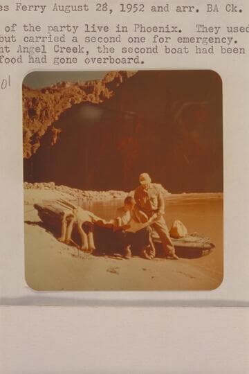 Charles Merritt and David Beardsley at Bright Angel Creek. They left Lees Ferry 1952, Aug. 28, and arrived Bright Angel Creek Aug. 31