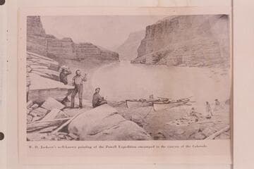 W. H. Jackson's well-known painting of the Powell Expedition encamped in the canyon of the Colorado. The chair would indicate it was the 1871-1872 party. The terrain is imaginary